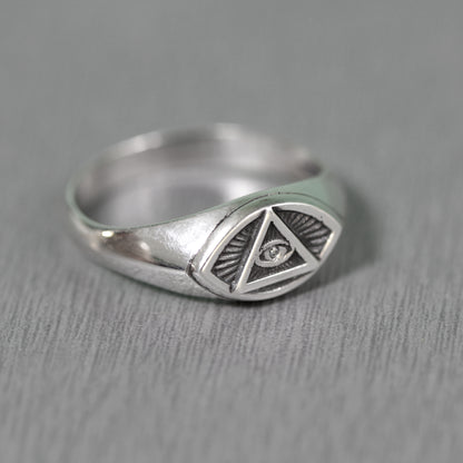 Radiant Delta Triangle All Seeing Eye Providence Masonic Freemasonry Light Weight Mens Ring Silver