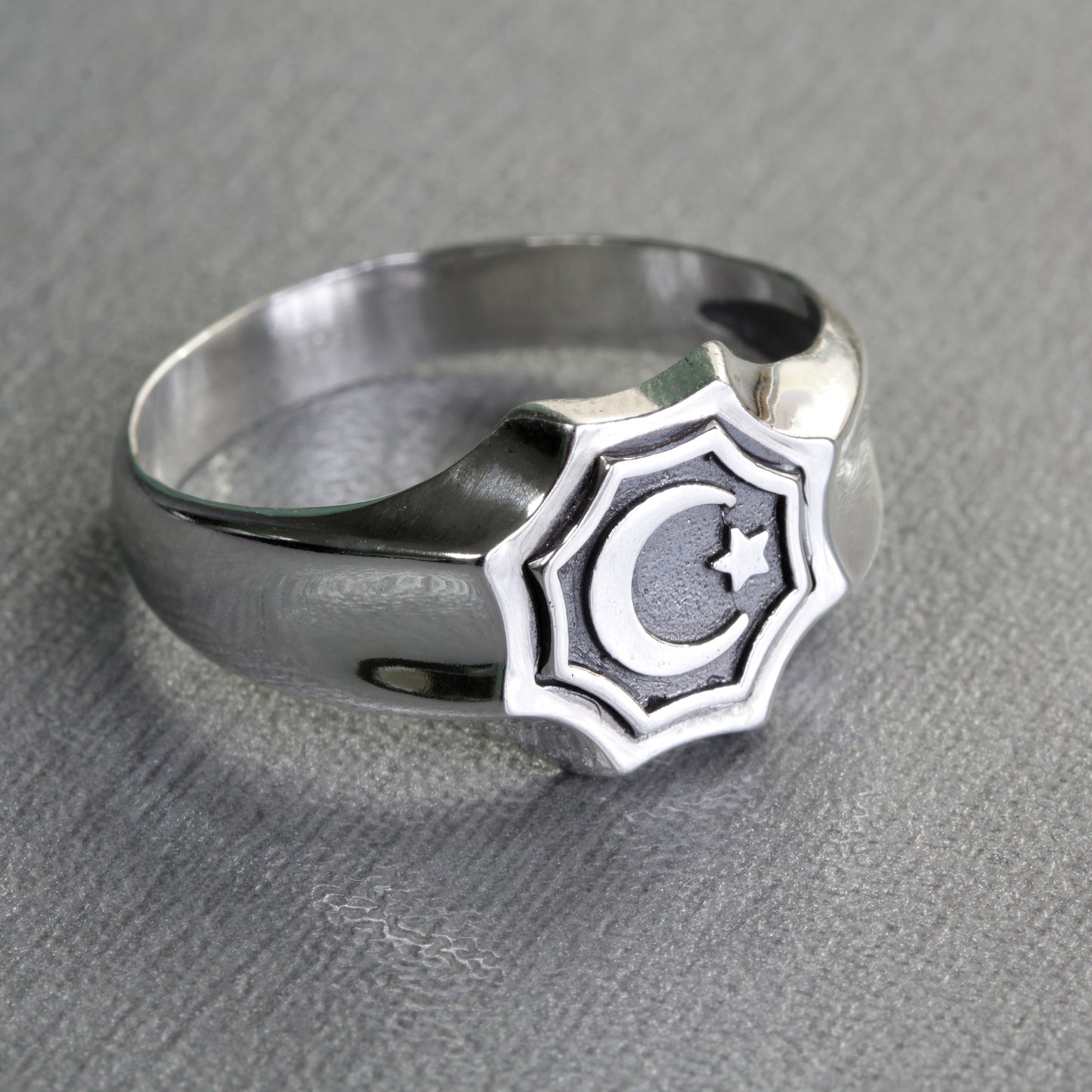 Islam Symbol Star and Crescent Moon Silver 925 Mens Ring