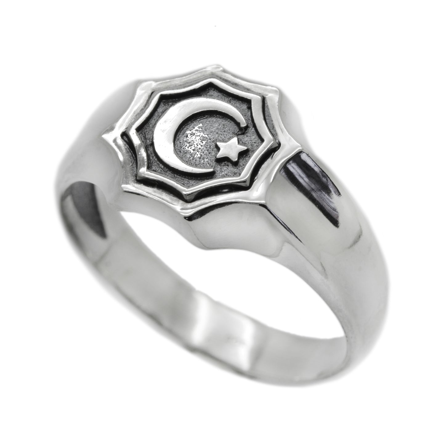 Islam Symbol Star and Crescent Moon Silver 925 Mens Ring