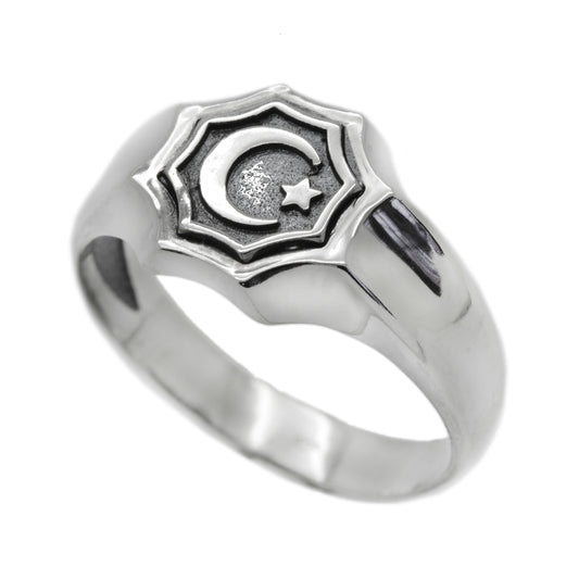 Pánský prsten se symbolem islámu, hvězdou a půlměsícem, stříbrný 925