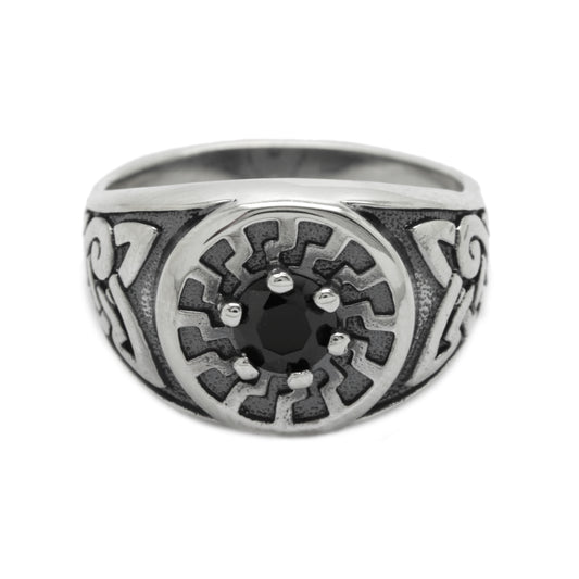 Black Sun Black Zirconia, Sun Wheel Colovrat Mens Square Top Signet Ring