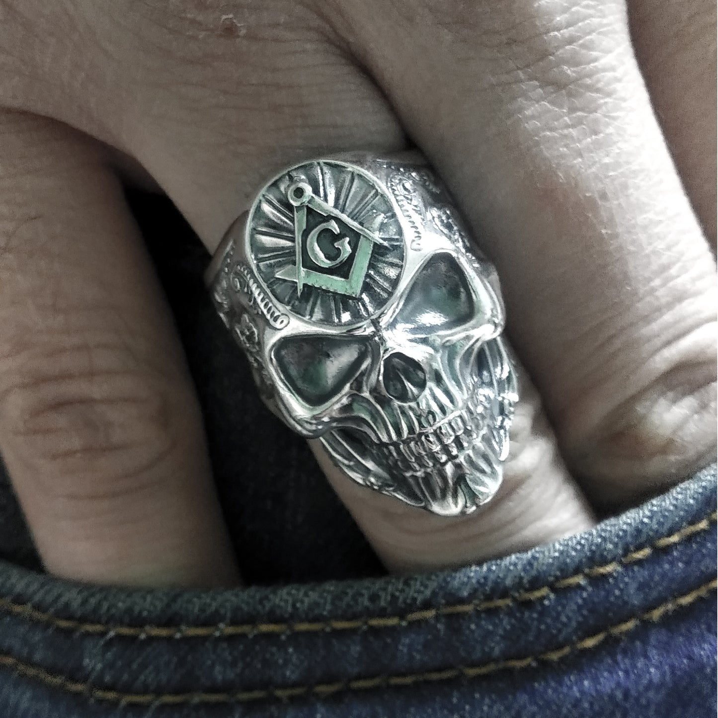 Masonic Skull Unisex Ring Silver 925 Great G Square and Compass