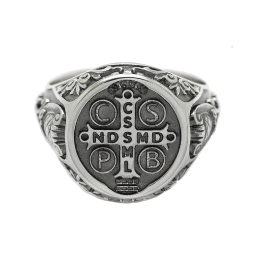 Saint Benedict Medal Exorcism Catholic Baroque Style Sterling Silver Signet Ring