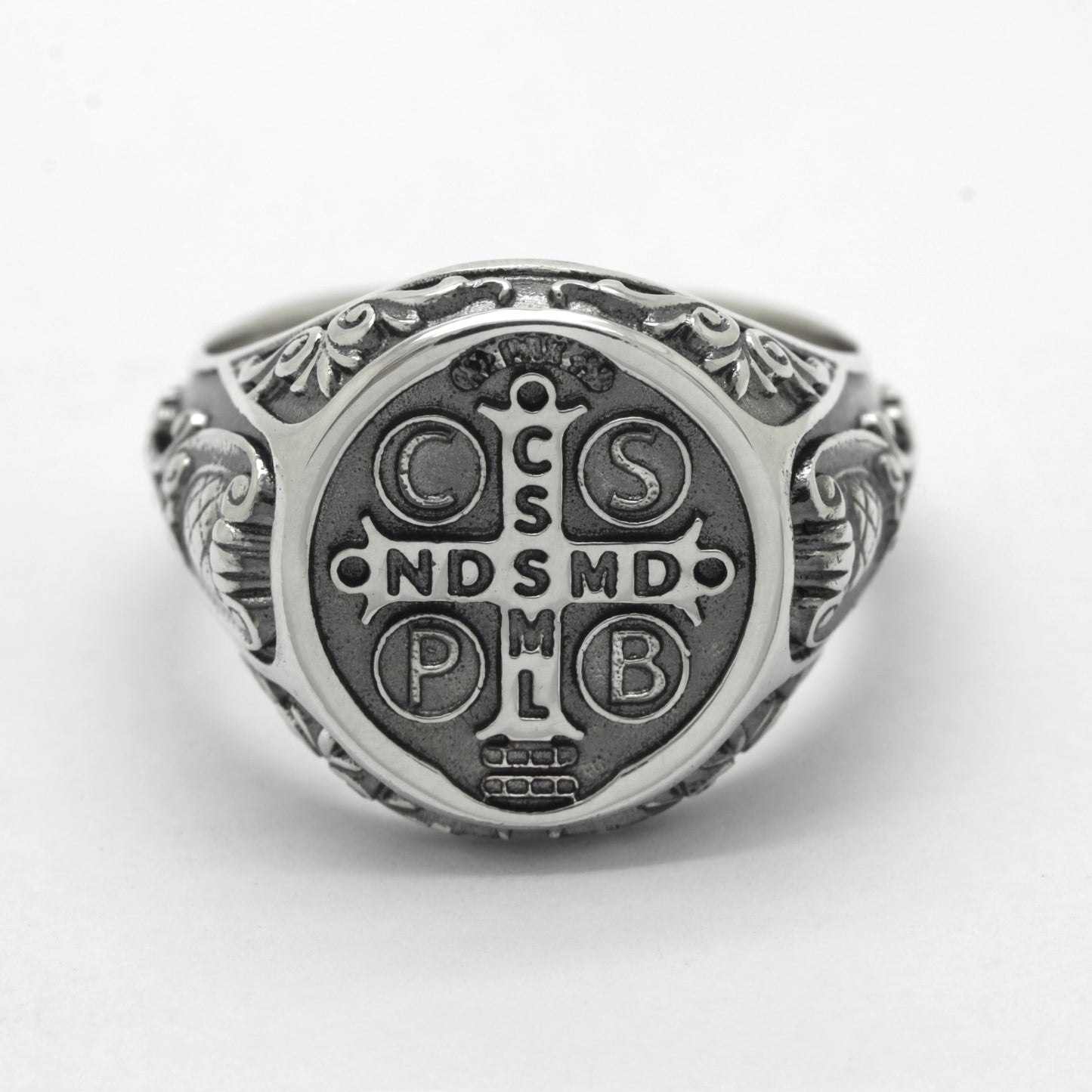 Saint Benedict Medal Exorcism Catholic Baroque Style Sterling Silver Signet Ring