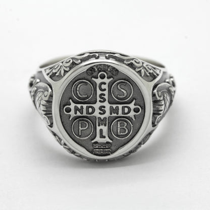 Saint Benedict Medal Exorcism Catholic Baroque Style Sterling Silver Signet Ring