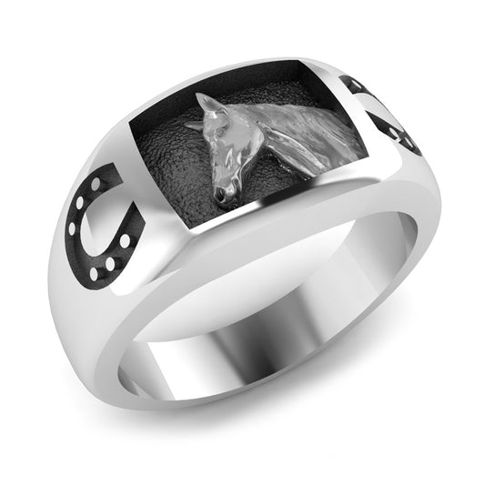 Irish Horse and Horseshoes Lucky Totem Mens Sterling Silver Ring