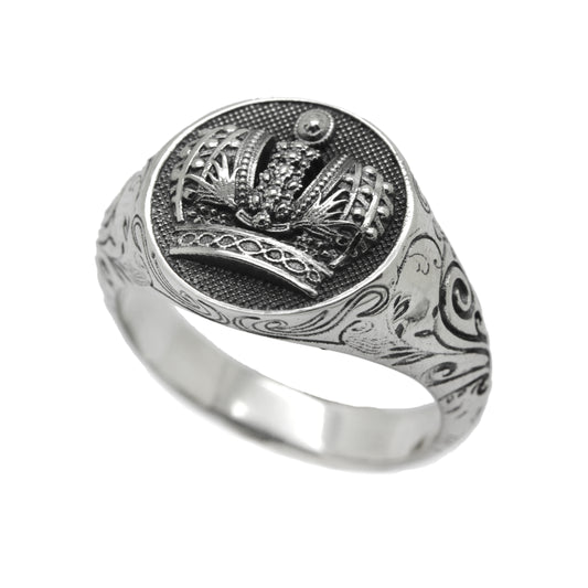 Heraldry Crown and Patterns Sterling Silver 925 Mens Ring Signet