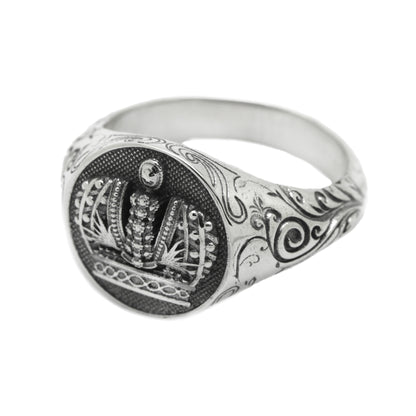 Heraldry Crown and Patterns Sterling Silver 925 Mens Ring Signet