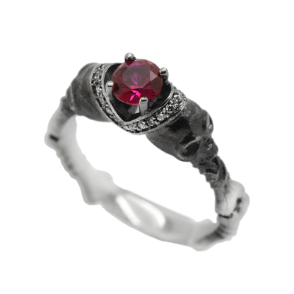 Black or Ruby Round Gem Sterling Silver Gothic Skull Engagement Ring, Skull Wedding ring, Skeleton Simple Ring