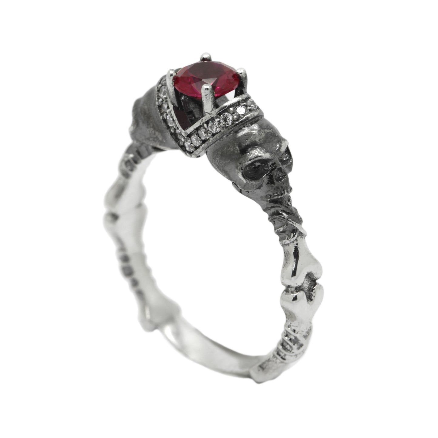 Black or Ruby Round Gem Sterling Silver Gothic Skull Engagement Ring, Skull Wedding ring, Skeleton Simple Ring