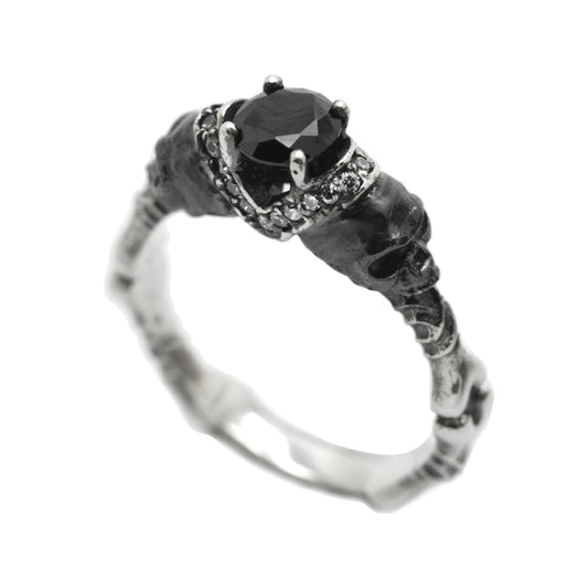 Černý nebo rubínový kulatý drahokam Sterling Silver Gotický zásnubní prsten s lebkou, snubní prsten s lebkou, jednoduchý prsten s kostrou