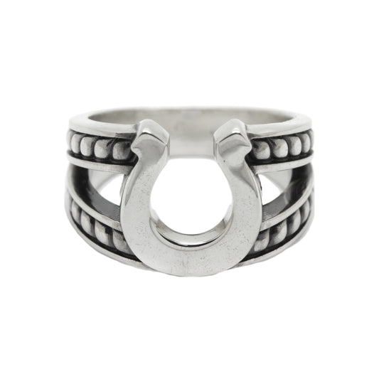 This elegant ring features a beautifully crafted horseshoe centerpiece adorned with a delicate braided rope pattern, symbolizing strength and good fortune. Made from high-quality sterling silver, it combines durability with timeless style, making it a perfect gift or personal accessory for any occasion. Ideal for horse lovers or anyone seeking a touch of rustic charm.&nbsp;