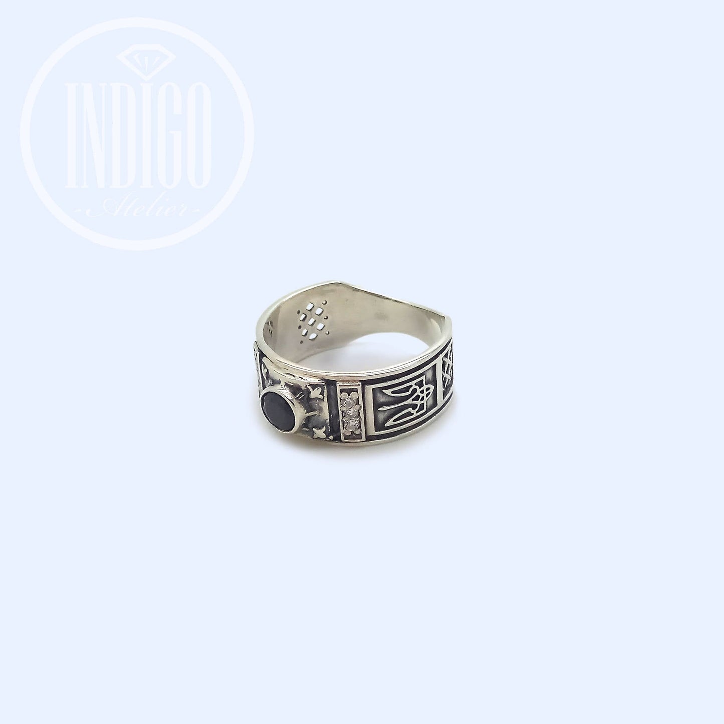 Ukrainian Trident Tryzub Symbol Black Zircon Ring Silver 925