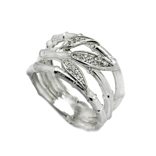 Bamboo Women's Ring with Zircons Silver 925 Tropical Style