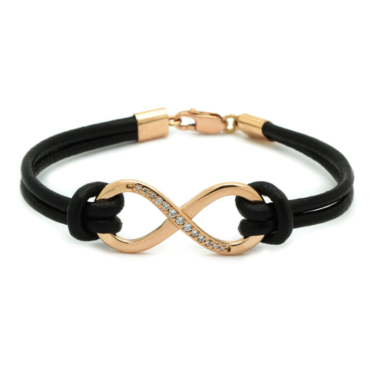 Gold 14K 585 Infinity Women's Bracelet Rose Gold with Genuine Leather Cord