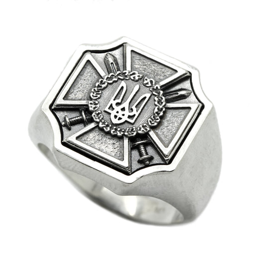 Coat of Arms Swords and Cross Armed Forces and Security Service of Ukraine Mens Ring Silver 925