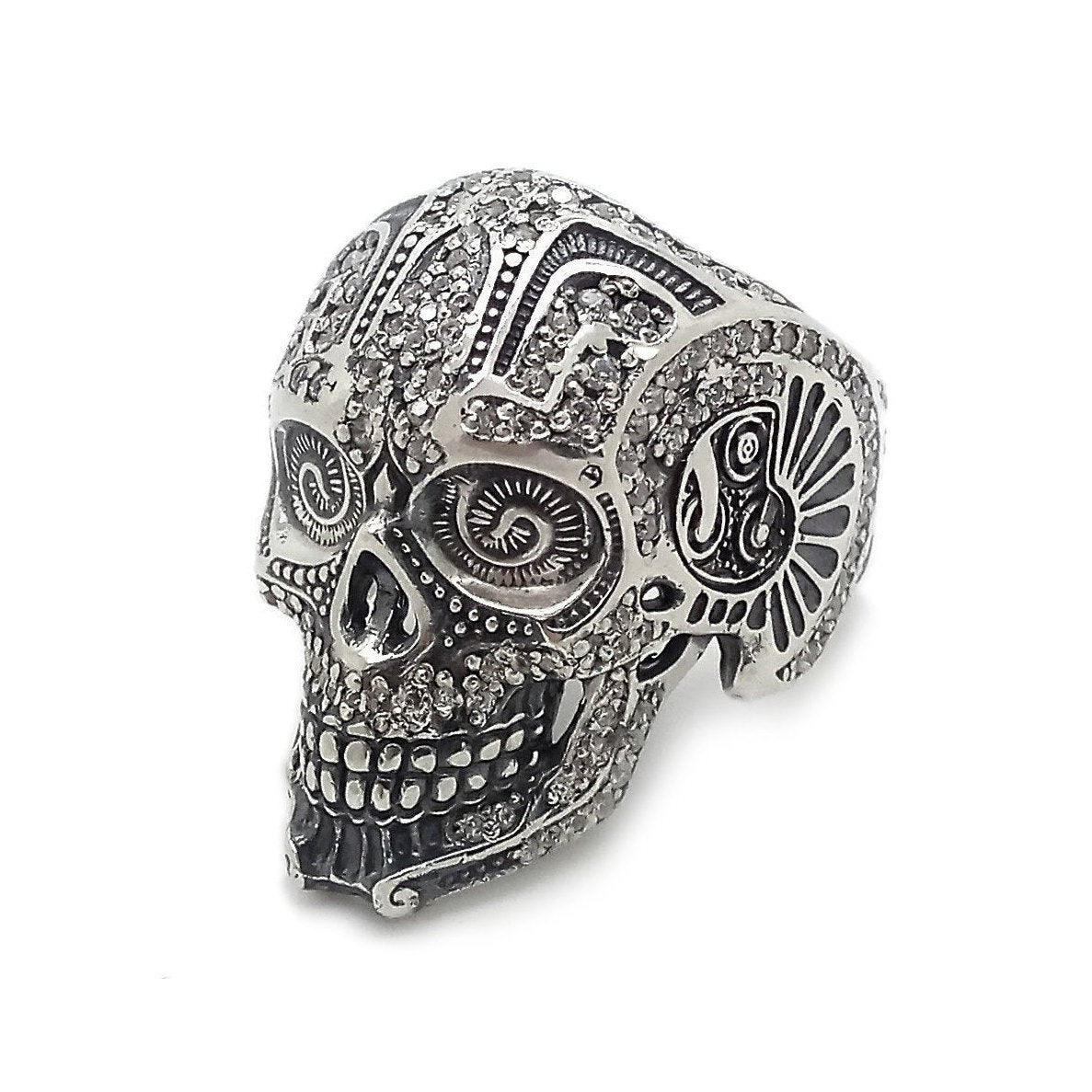 Glamour Goth Steampunk Skull Sterling Silver Ring Signet with Gemstones