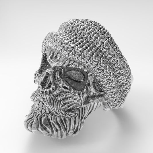 Totenkopf mit Bart und Schnurrbart, Strickmütze-Stil, Herrenring, Silber 925