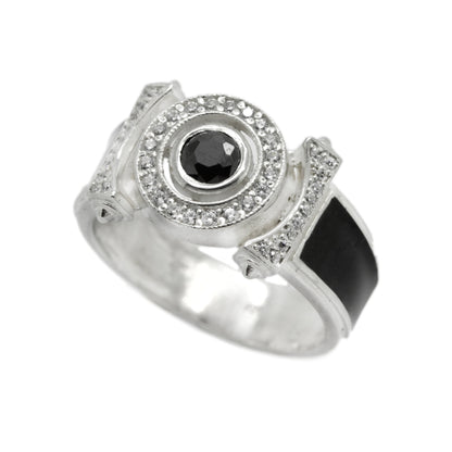 Classic Unisex Silver 925 Ring with Zircons and Black Enamel