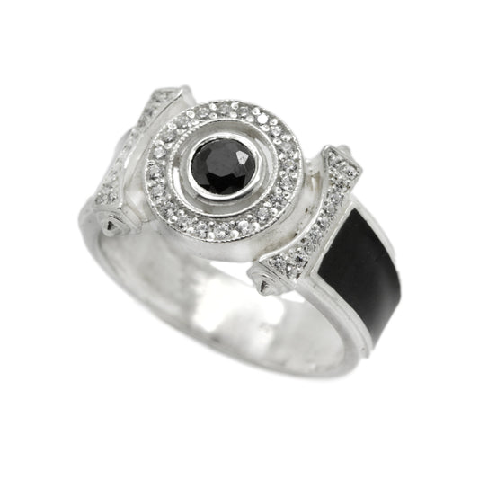 Klassischer Unisex-Ring aus 925er Silber mit Zirkonen und schwarzer Emaille