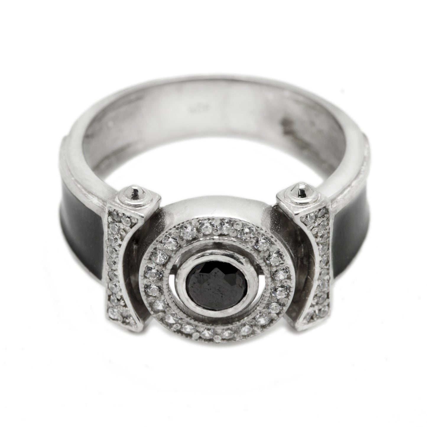 Classic Unisex Silver 925 Ring with Zircons and Black Enamel