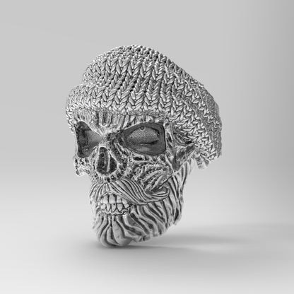 Skull with Beard and Mustache Knitted Hat Style Ring Mens Ring Silver 925