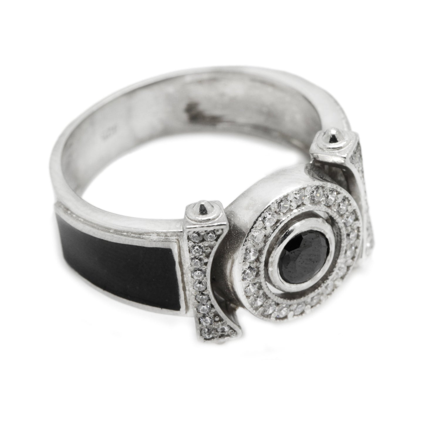 Classic Unisex Silver 925 Ring with Zircons and Black Enamel