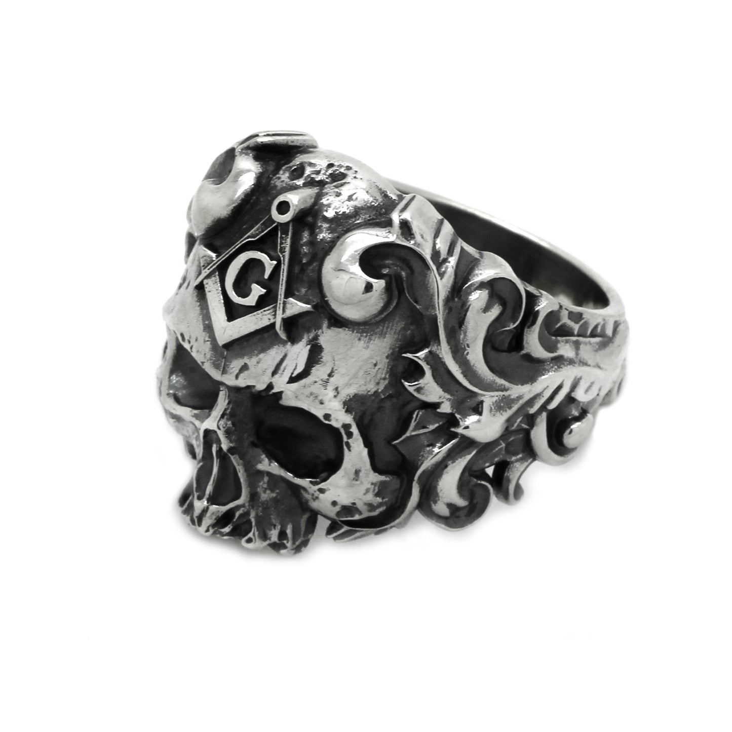 Huge Ancient Style Masonic Skull Men's Ring Silver 925