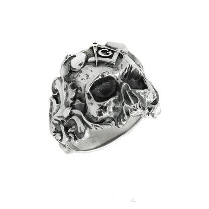 Huge Ancient Style Masonic Skull Men's Ring Silver 925