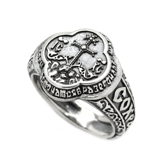 Jesus Christ, Bless and Save Ring, Orthodox Mens Sterling Silver Ring Signet