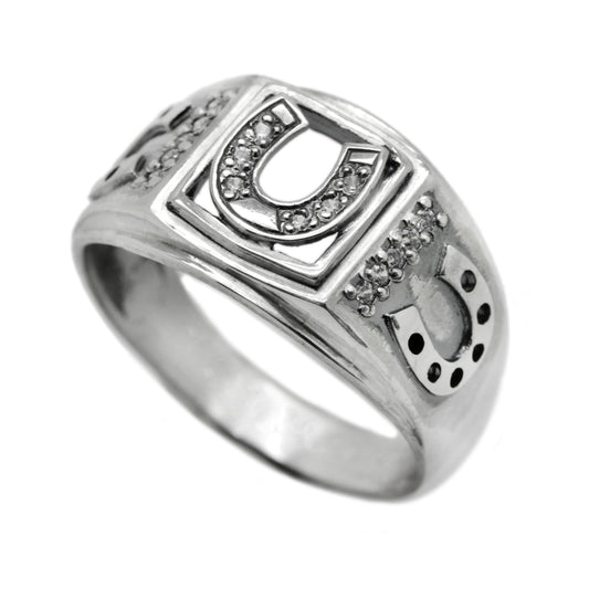Lucky Horseshoe Mens Ring with Gemstones Silver 925