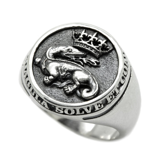 Salamander Breath Fire with Crown, Solve et Coagula, Alchemy Ring Occult Signet Mens Ring Silver 925