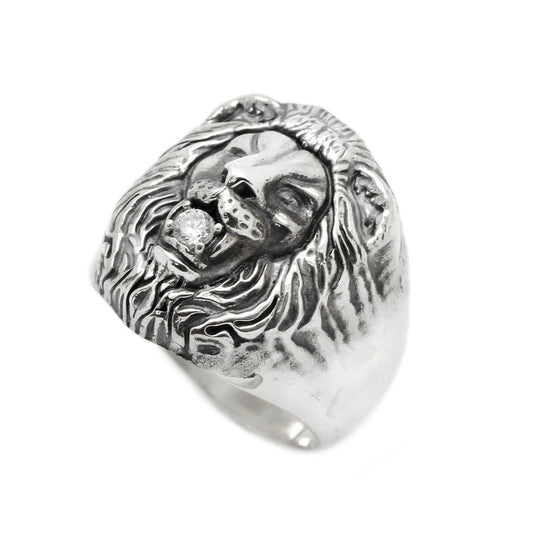Lion with Gem in Mouth Men Ring Silver 925