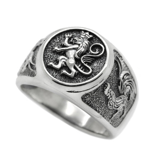 Lion and Roosters, Coat of Arms Signet, Silver 925 Mens Ring SKU: 700910