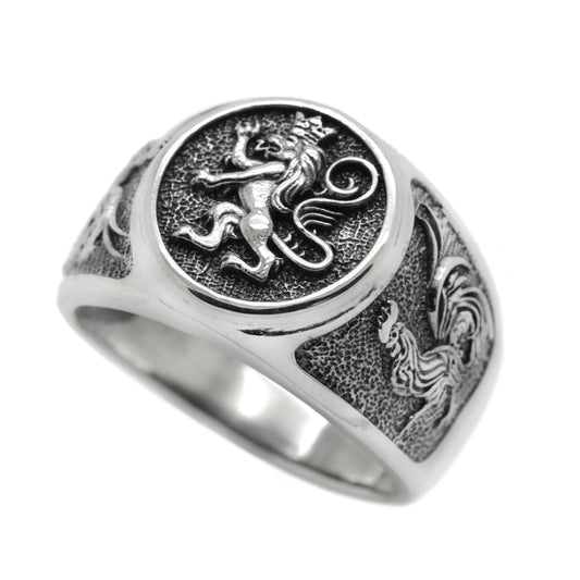 Lion and Roosters, Coat of Arms Signet, Silver 925 Mens Ring