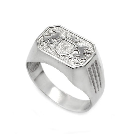 Anillo de sello para hombre con dos leones reales y escudo en plata 925
