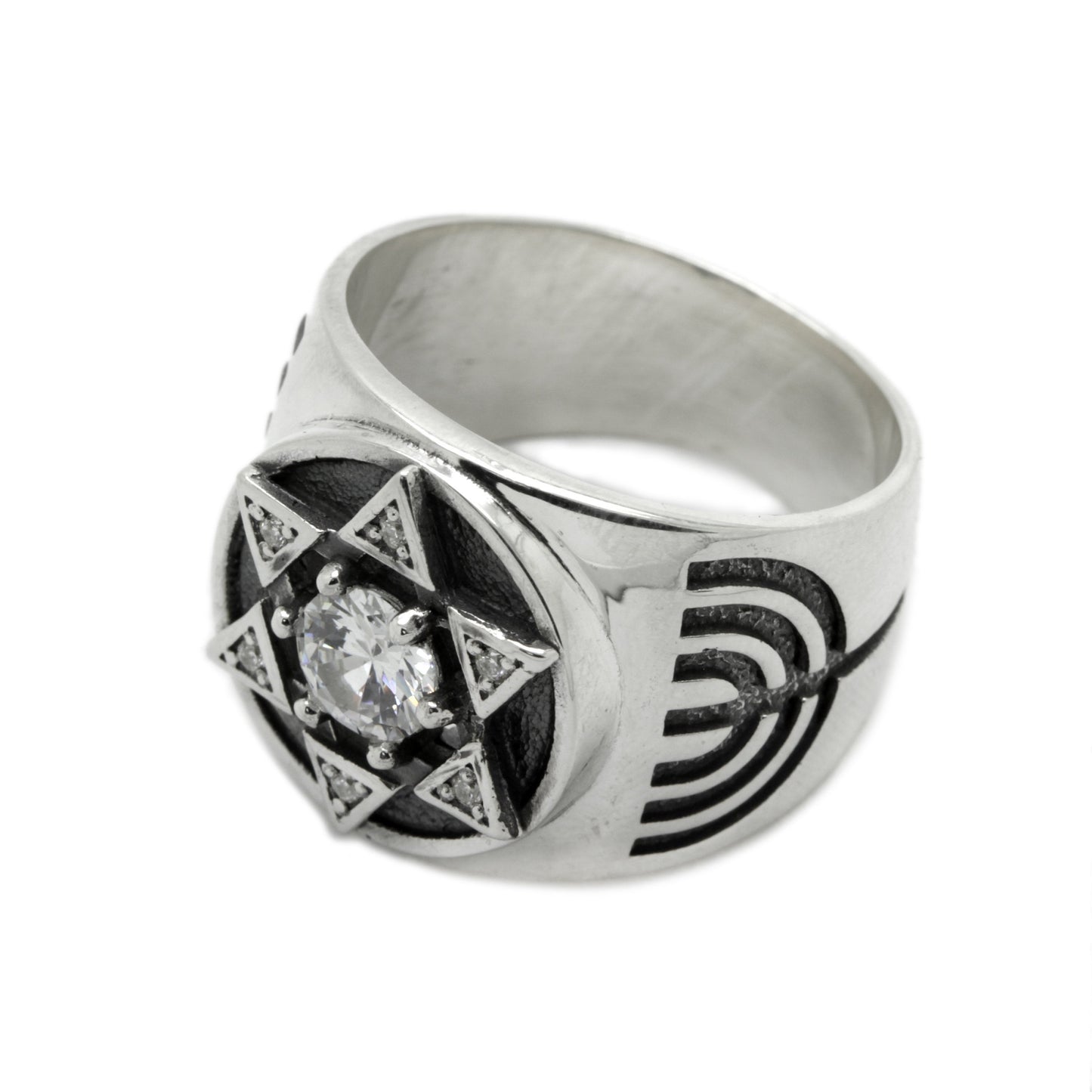 King David Star Jewish Israel Menorah Judaica Jewelry Mens Sterling Silver Ring