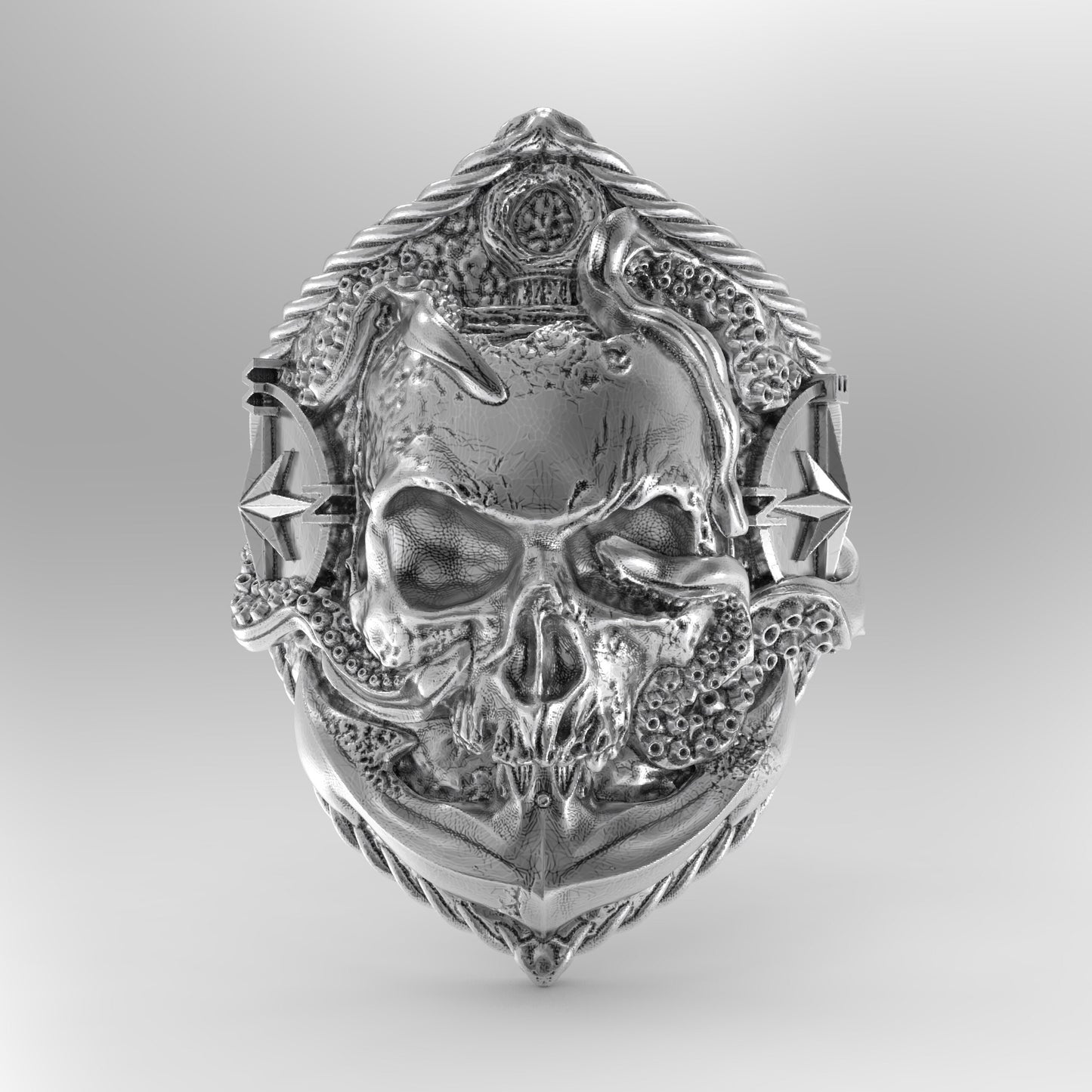 Sailor Skull Windrose and Anchor Mens Signet Sterling Silver