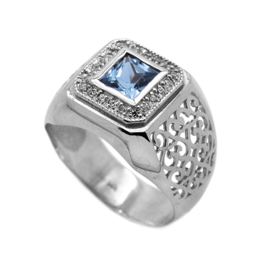 Čtvercový pánský prsten se zirkonem v modré akvamarínové barvě stříbrný 925