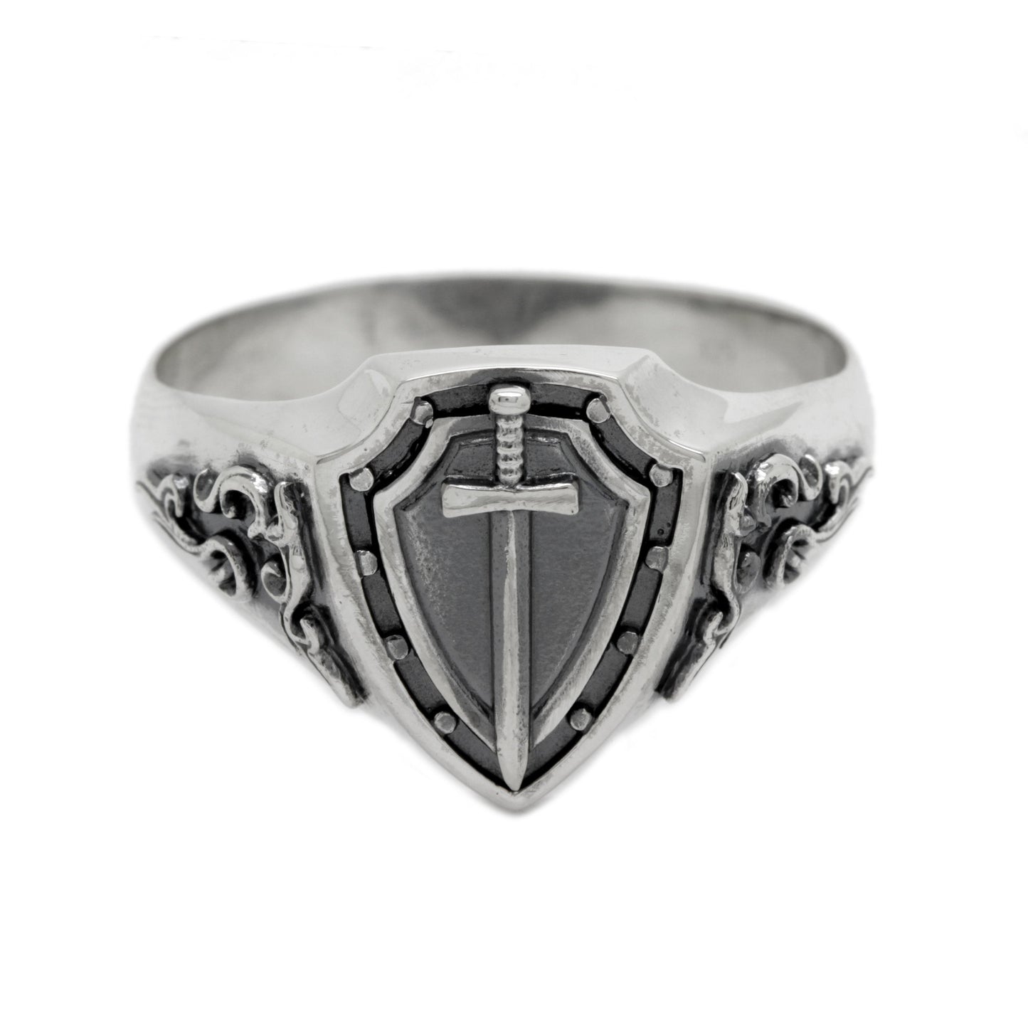 Shield and Sword Solid Sterling Silver Mens Ring Signet