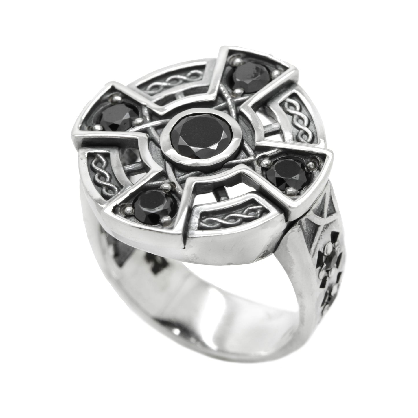 Irisches Wikinger-Keltisches Kreuz mit Zirkonen, Edelsteinen, Sterlingsilber, Unisex-Ring-Siegel