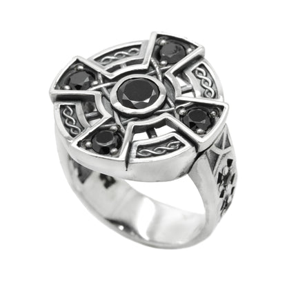 Irisches Wikinger-Keltisches Kreuz mit Zirkonen, Edelsteinen, Sterlingsilber, Unisex-Ring-Siegel