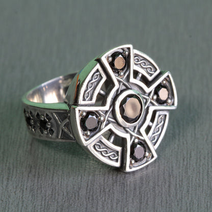 Irisches Wikinger-Keltisches Kreuz mit Zirkonen, Edelsteinen, Sterlingsilber, Unisex-Ring-Siegel