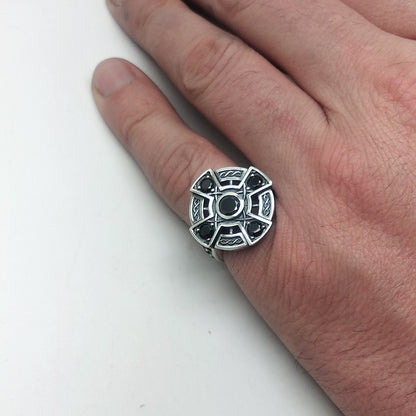 Irisches Wikinger-Keltisches Kreuz mit Zirkonen, Edelsteinen, Sterlingsilber, Unisex-Ring-Siegel