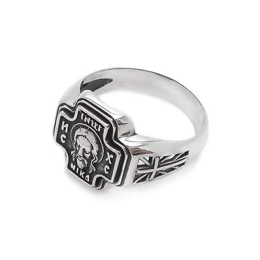 Jesus Christ Orthodox Mens Signet Ring - “Save and Protect” Inner Inscription - 925 Sterling Silver