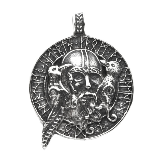 Huge Viking Men's Pendant with Ravens and Vegvisir Silver 925