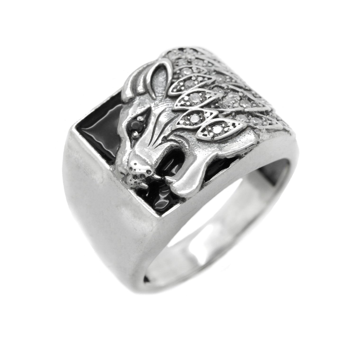 Lion with Black Enamel and Zircons, Men Ring Silver 925