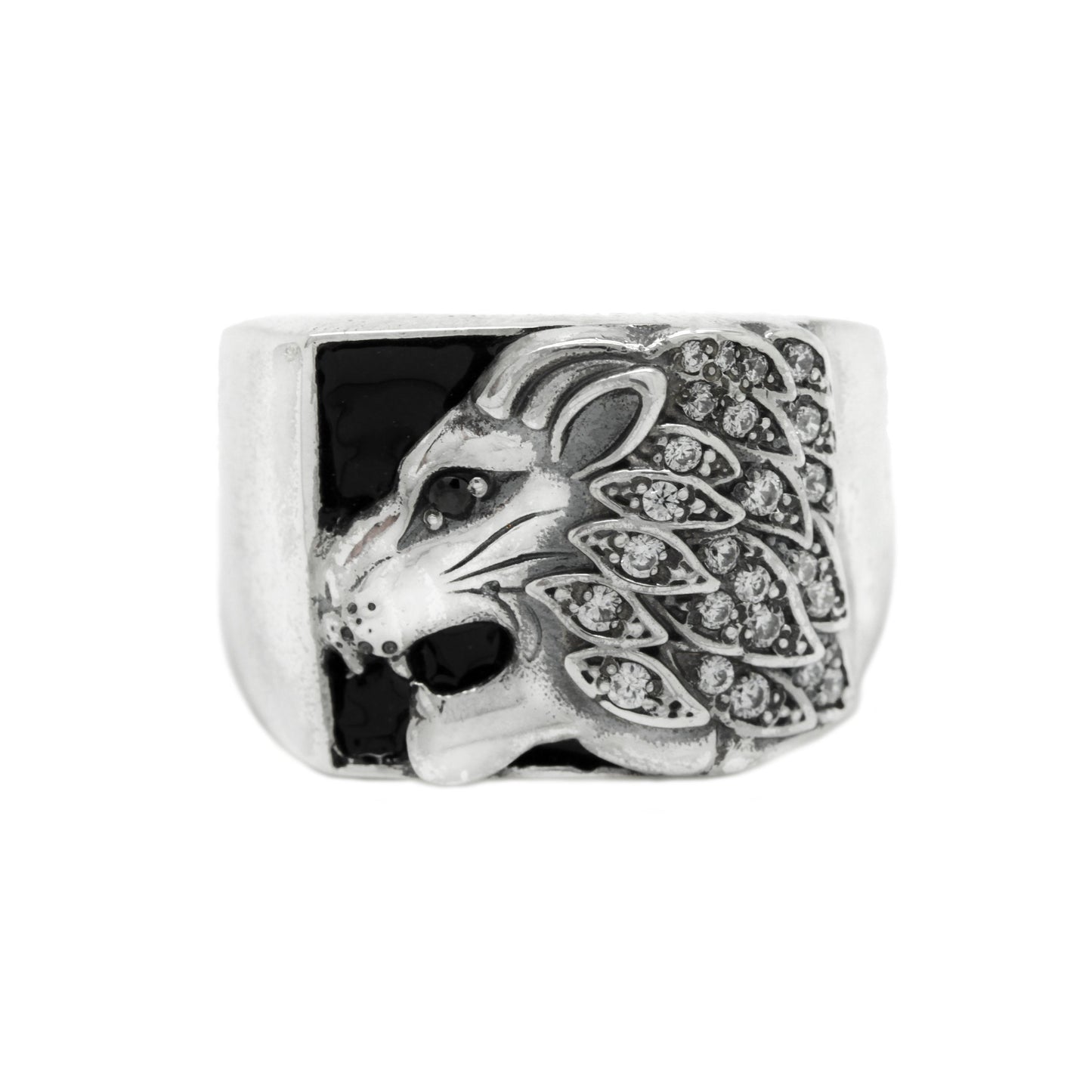 Lion with Black Enamel and Zircons, Men Ring Silver 925