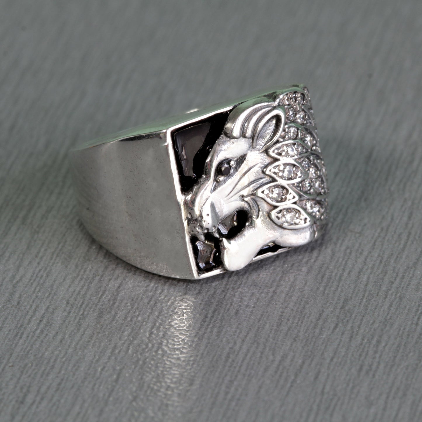 Lion with Black Enamel and Zircons, Men Ring Silver 925