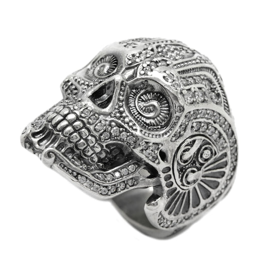 Glamour Goth Steampunk Skull Sterling Silver Ring Signet with Gemstones